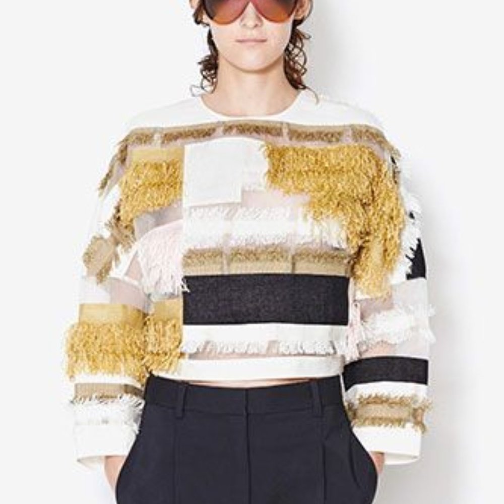 3.1 Phillip Lim Raffia Patchwork Dolman Top Blouse Fringe Multi Long Sleeve